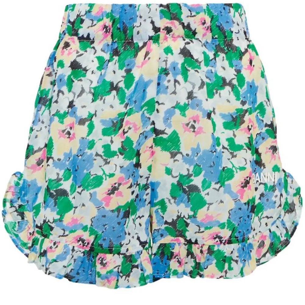 Ganni Light Cotton Ruffle Shorts in Floral
